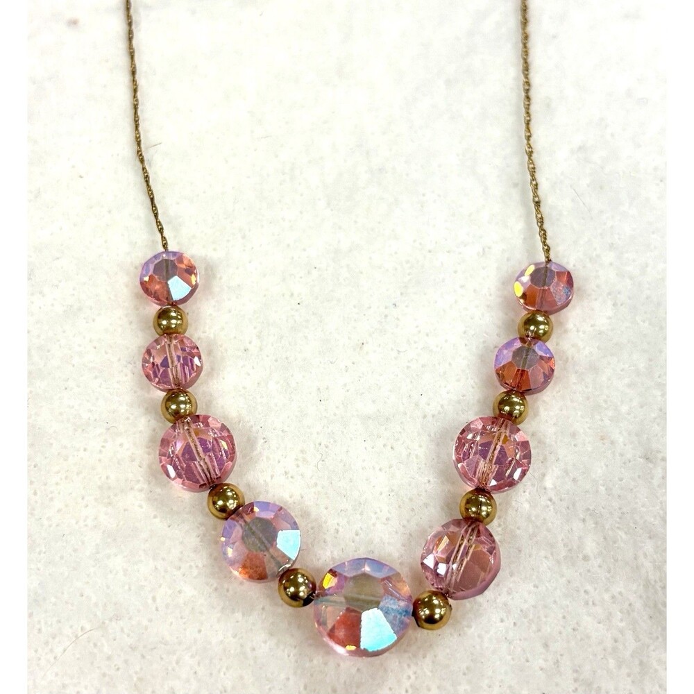 VTG 14K Gold Filled Austrian Crystal Beaded Necklace Pink Aurora Borealis 28”